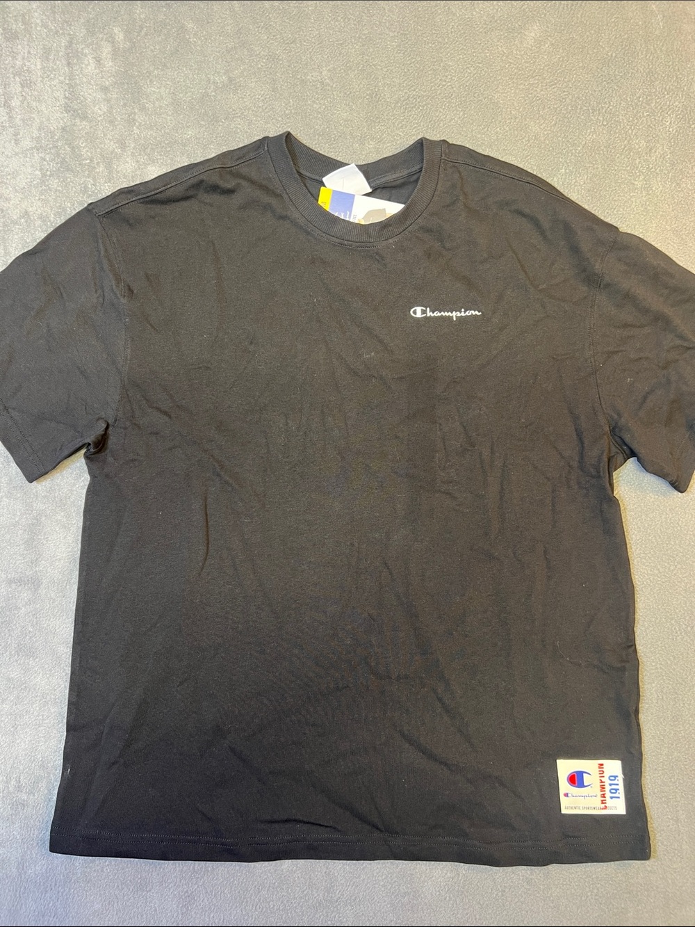 Champion Black Short Sleeve Crewneck T-Shirt with White Logo - Picture 1 of 6